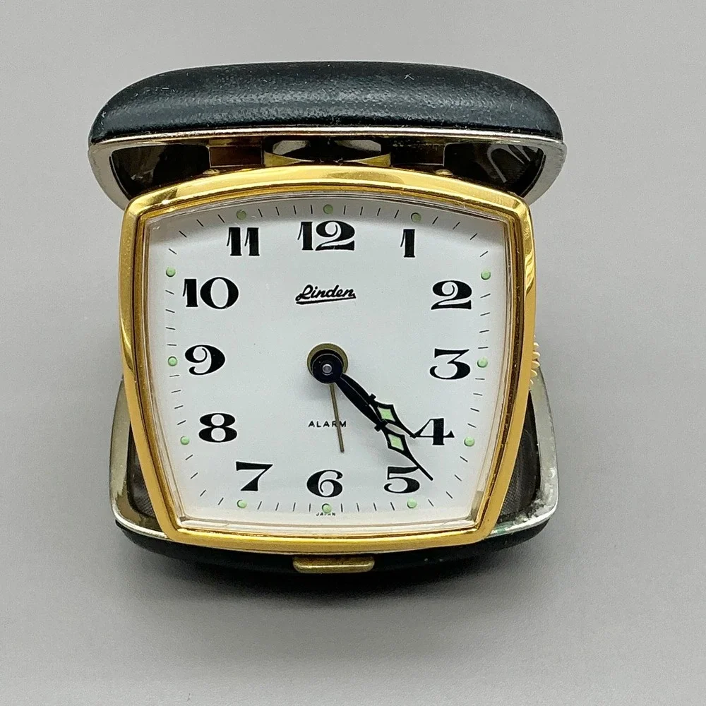 Vintage Linden Travel Alarm Clock Folding Black Gold Case Mechanical Japan WORKS
